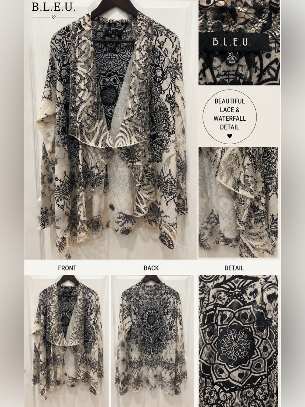 B.L.E.U. Women's Black & Cream Lace Waterfall Jacket XL